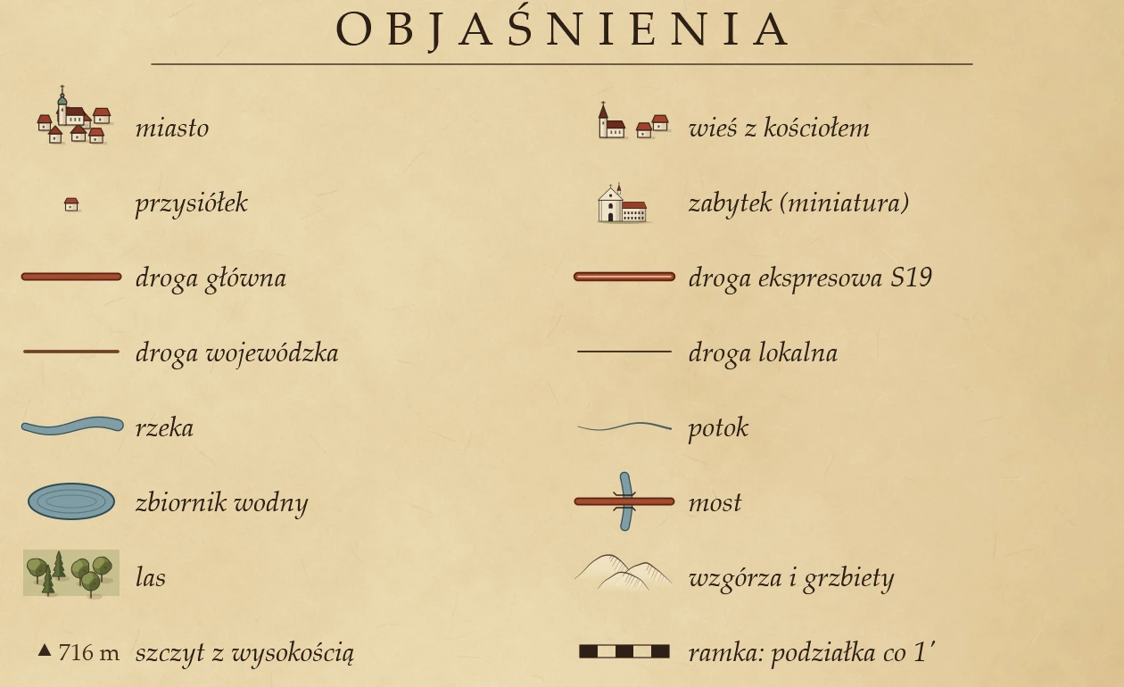 Objaśnienia znaków mapy: miasto, wieś z kościołem, przysiółek, zabytek, drogi, rzeki, potoki, zbiorniki, mosty, lasy, wzgórza, szczyty